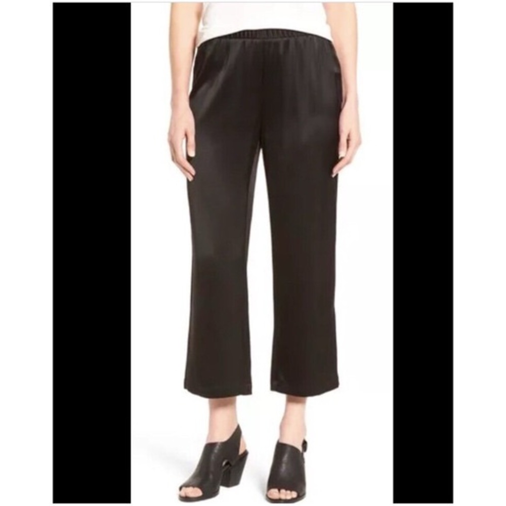 Eileen Fisher Silk like Black Satin Straight Cropped Pants